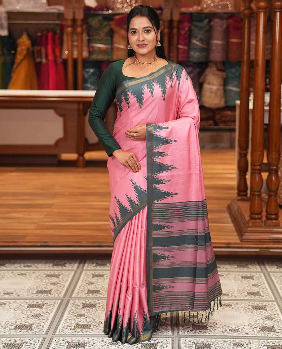 Baby Pink Katan Silk Saree Features Buttas, Complemented by Contrast Temple Zari Border, Striped Pallu, and a Contrast Blouse