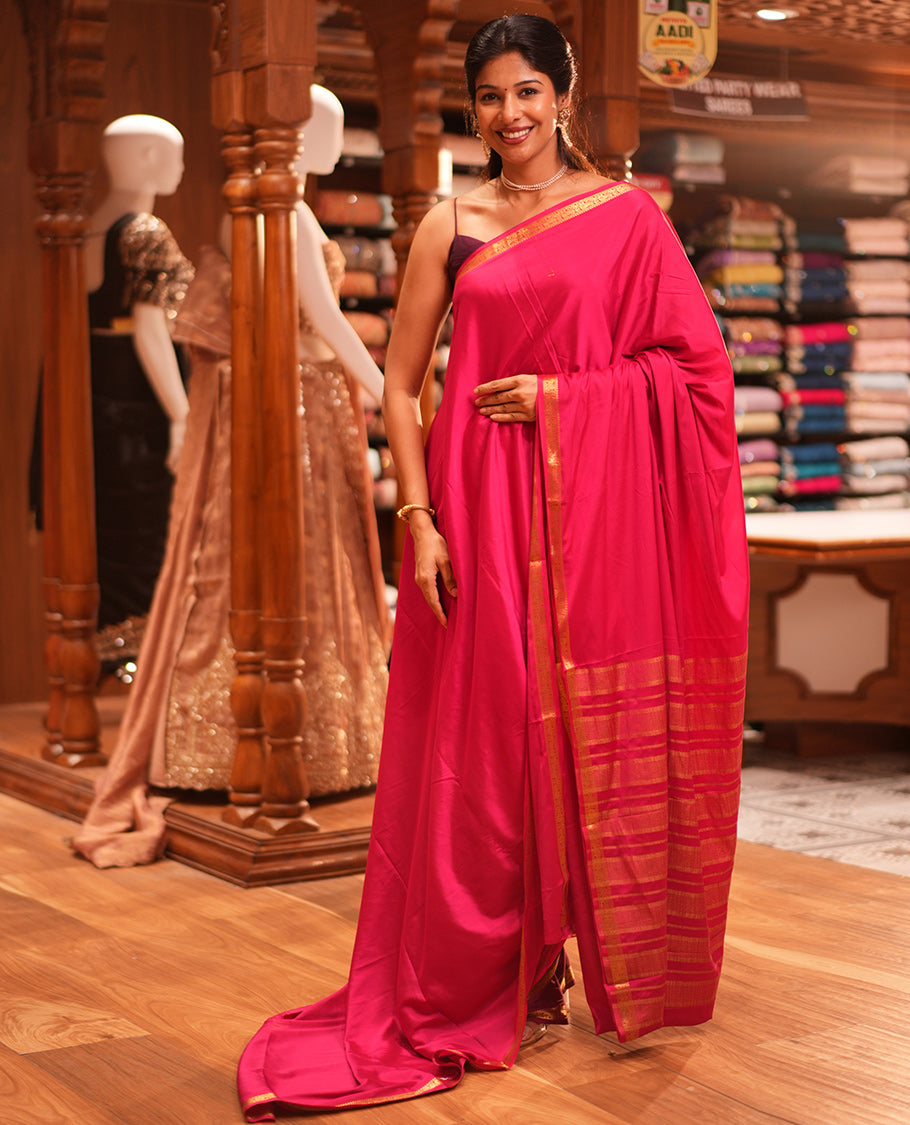 Pink Plain Semi-Mysore Saree, a Zari Elephant-Peacock Butta Border, Striped Pallu, Matching Blouse