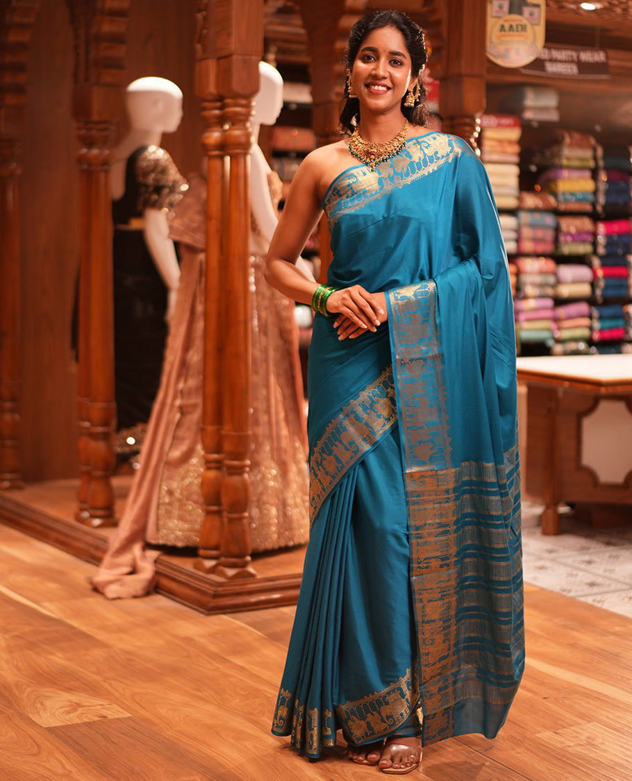 Rama Blue Plain Semi-Mysore Saree, Zari Wedding-Themed Border, Zari Striped Pallu, Matching Blouse