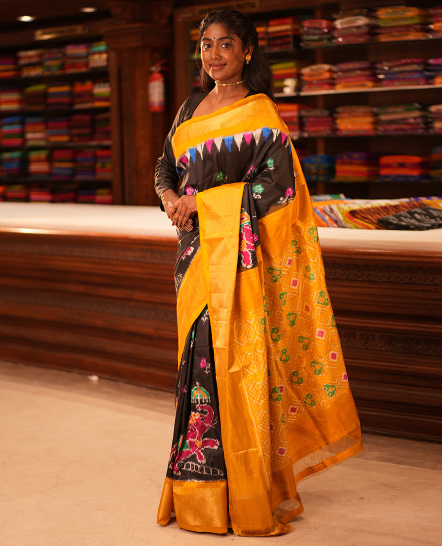 Black Flora-Elephant Buttas Pochampally Ikat Saree, Contrast Border and Blouse