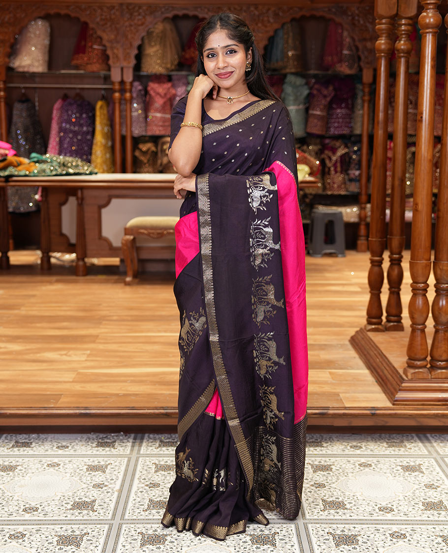 Dark violet and rani pink three-part, uniquely woven Russian silk saree features zari buttas and deer motifs, traditional motifs border, striped pallu, and a contrast buttas blouse