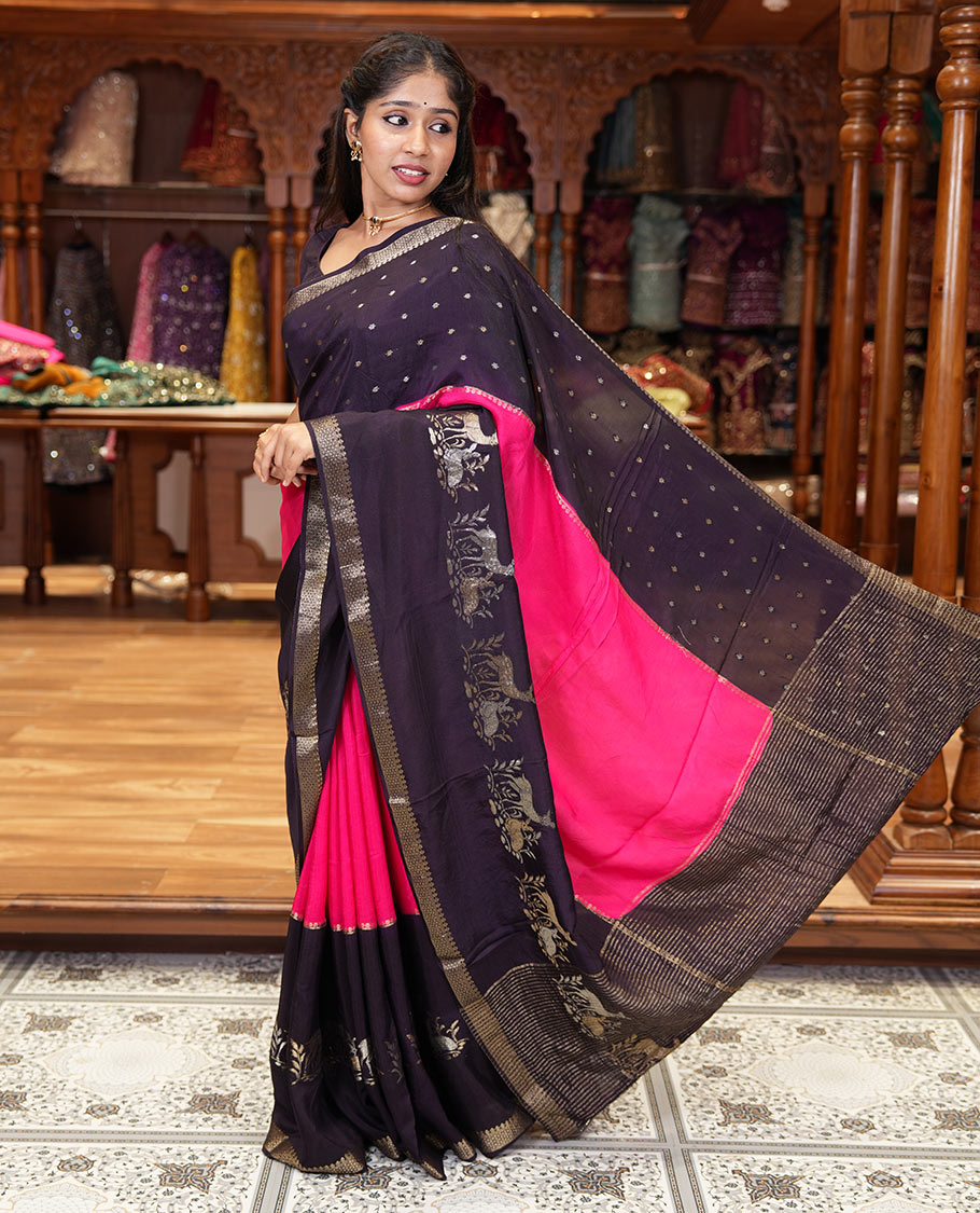 Dark violet and rani pink three-part, uniquely woven Russian silk saree features zari buttas and deer motifs, traditional motifs border, striped pallu, and a contrast buttas blouse