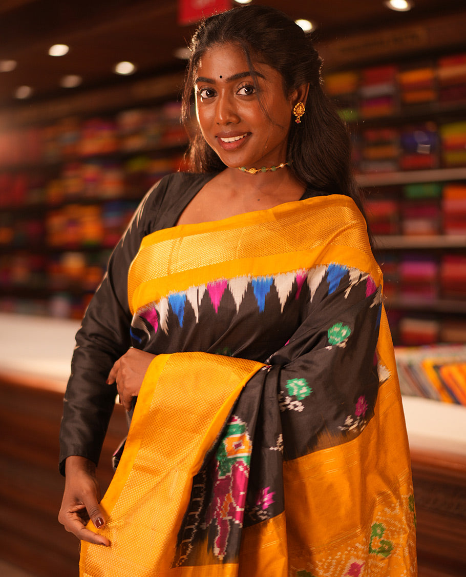 Black Flora-Elephant Buttas Pochampally Ikat Saree, Contrast Border and Blouse
