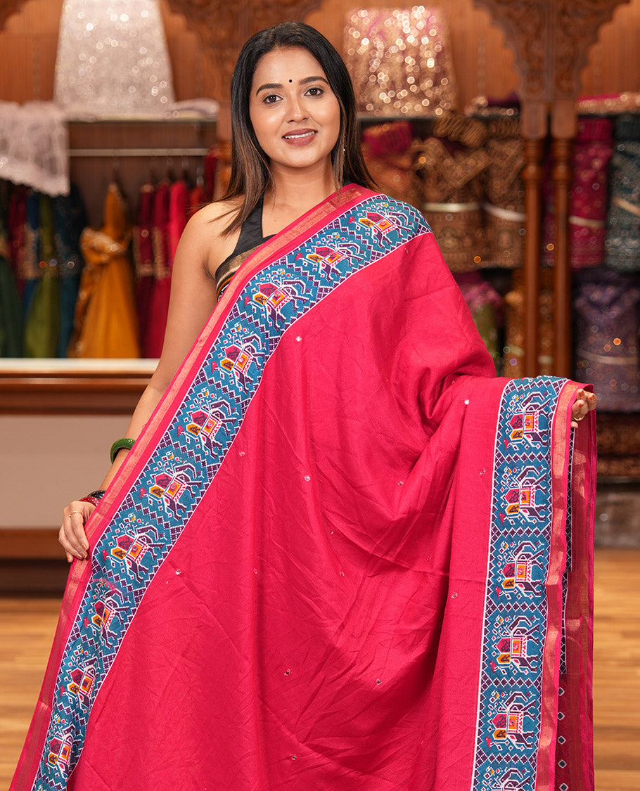 Rani Pink Manipuri Tussar Saree Features Mirror Work, Contrast Patola Elephant Printed Border, Patola Pallu, Matching Blouse