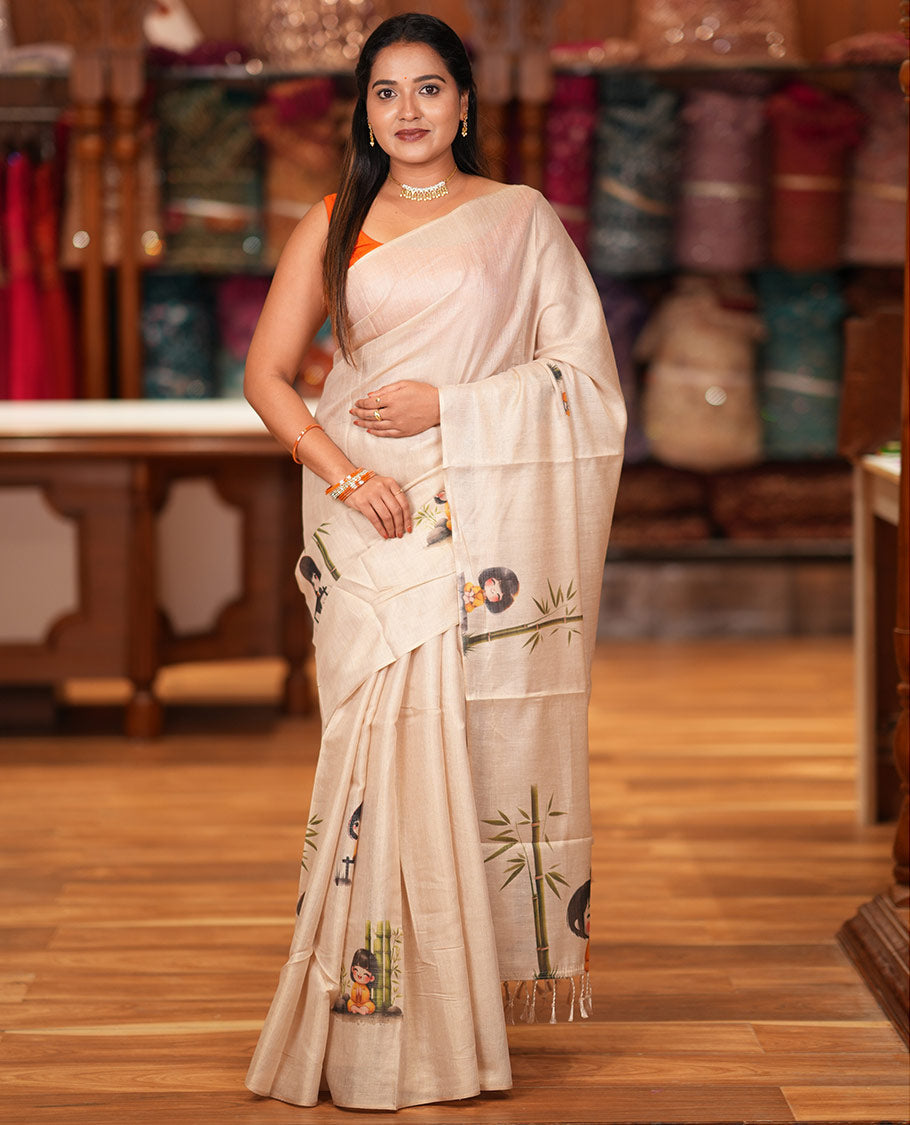 Borderless Gold Tissue Saree, Adorned with Cartoon Motifs Print, and a Matching Blouse