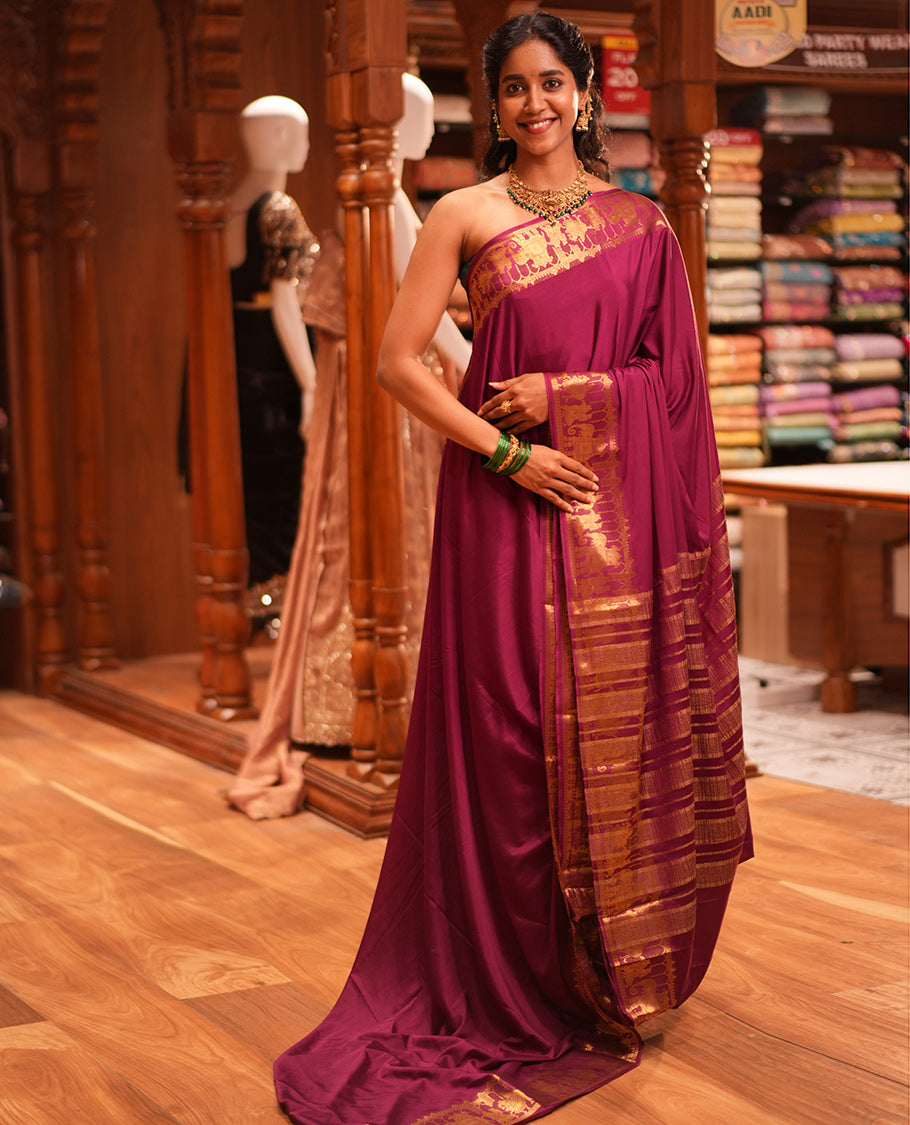 Wine Plain Semi-Mysore Saree, Zari Wedding-Themed Border, Zari Striped Pallu, Matching Blouse