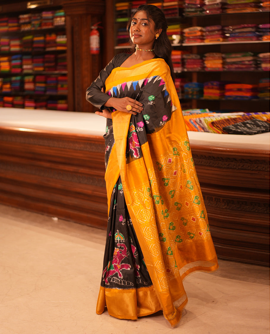 Black Flora-Elephant Buttas Pochampally Ikat Saree, Contrast Border and Blouse