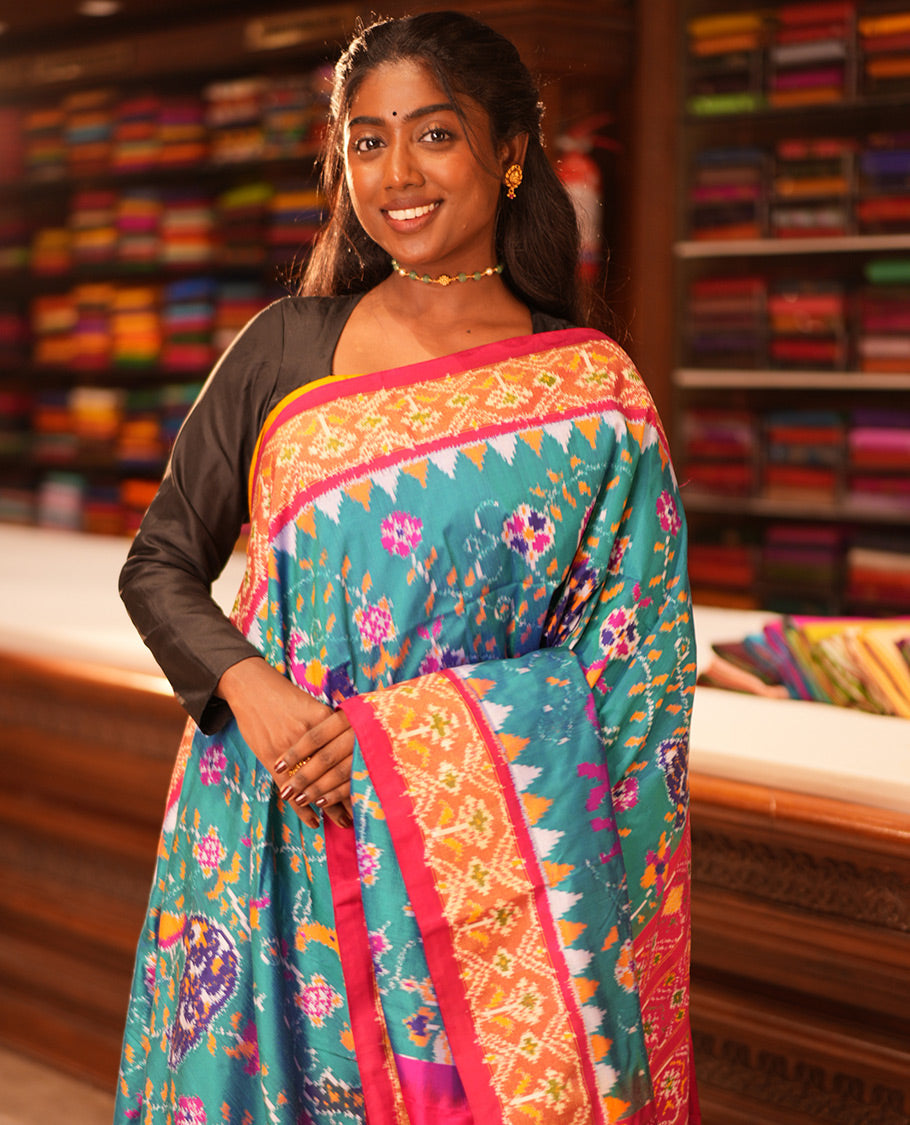 Blue Flora-Fauna Buttas Pochampally Ikat Saree, Contrast Border