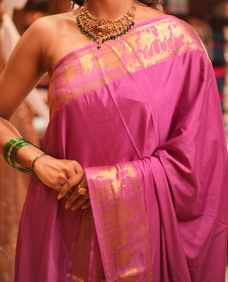 Onion Pink Plain Semi-Mysore Saree, Zari Wedding-Themed Border, Zari Striped Pallu, Matching Blouse