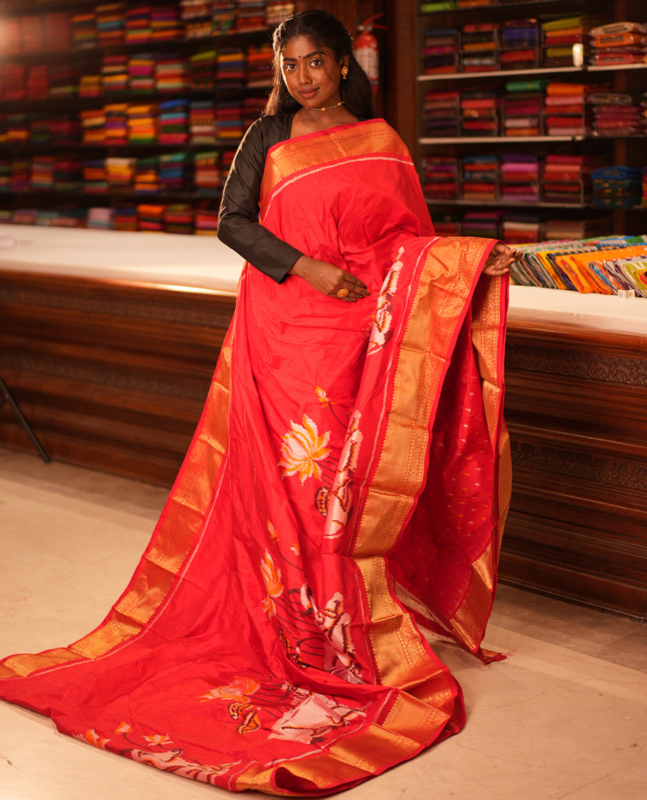 Red Floral Buttas Pochampally Ikat Saree, Zari Border