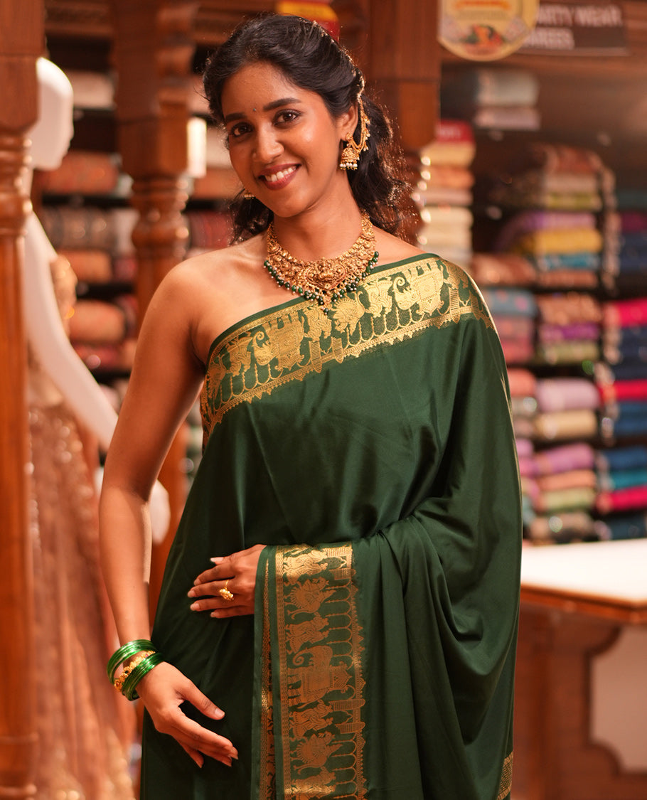 Karumpachai Plain Semi-Mysore Saree, Zari Wedding-Themed Border, Zari Striped Pallu, Matching Blouse