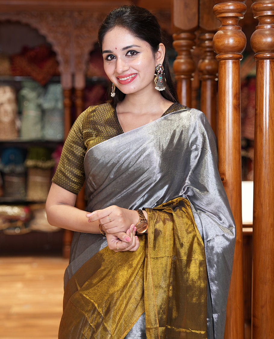Silver and gold half-and-half plain khadi tissue saree with a self-pallu and a matching blouse