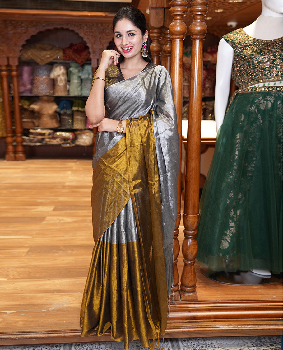 Silver and gold half-and-half plain khadi tissue saree with a self-pallu and a matching blouse