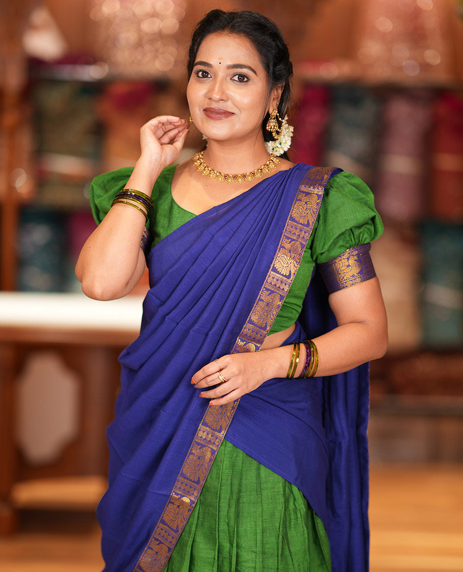 Green-Blue Mercerised Cotton Half Saree Features a Plain Skirt, a Contrast Traditional Zari Border, a Matching Blouse, and a Contrast Dhavani