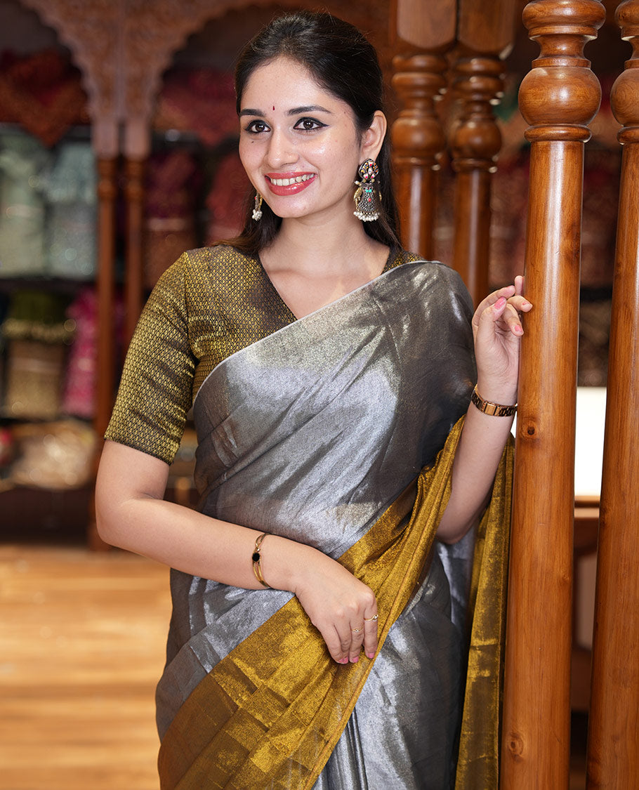 Silver and gold half-and-half plain khadi tissue saree with a self-pallu and a matching blouse