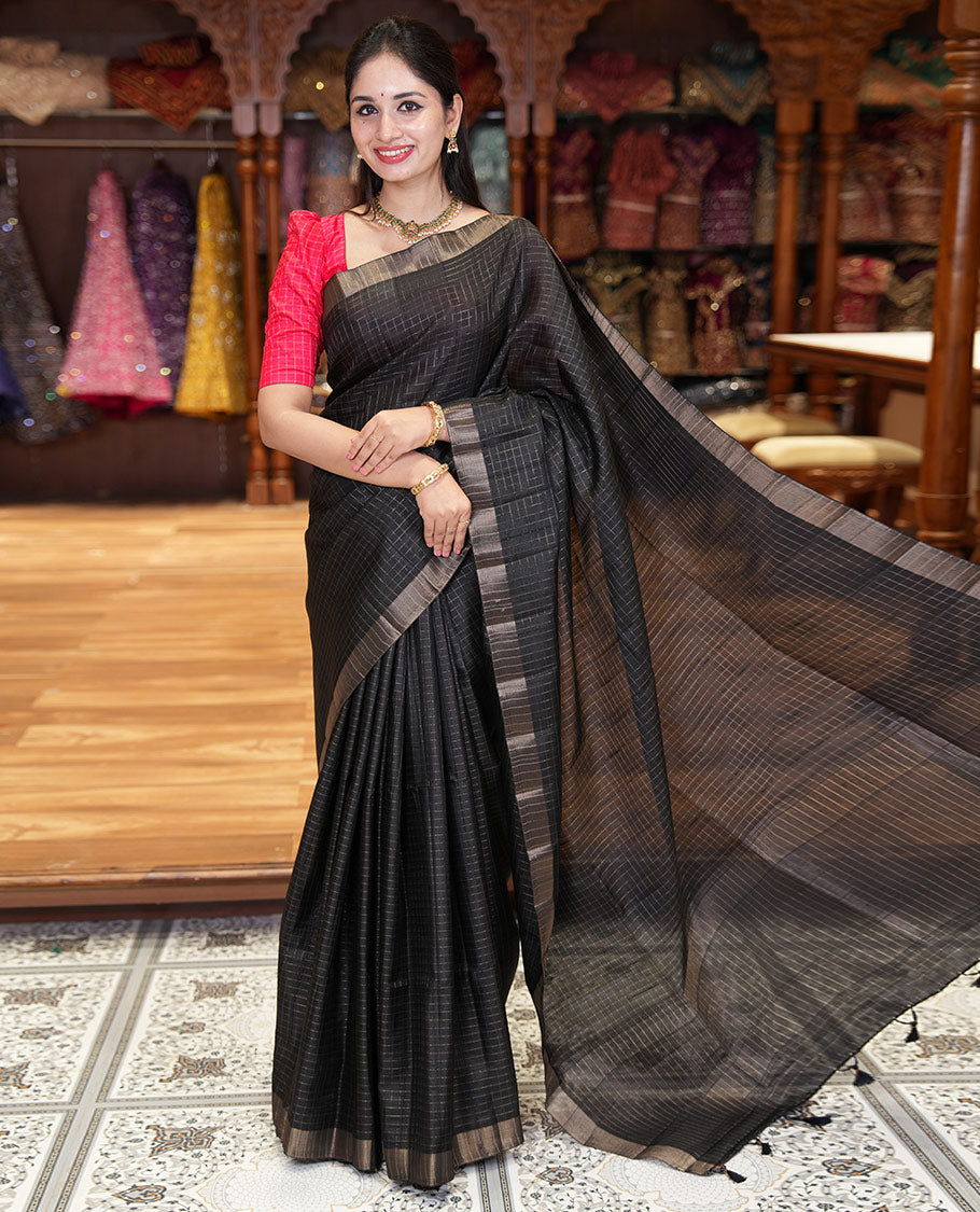 Black zari checked design fancy tussar silk saree, bavanji border, zari design pallu, and a matching blouse