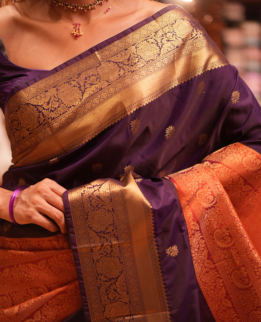 Rust Half-And-Half Budget Silk Saree Features Jacquard, Traditional Border, Grand Pallu, Contrast Blouse