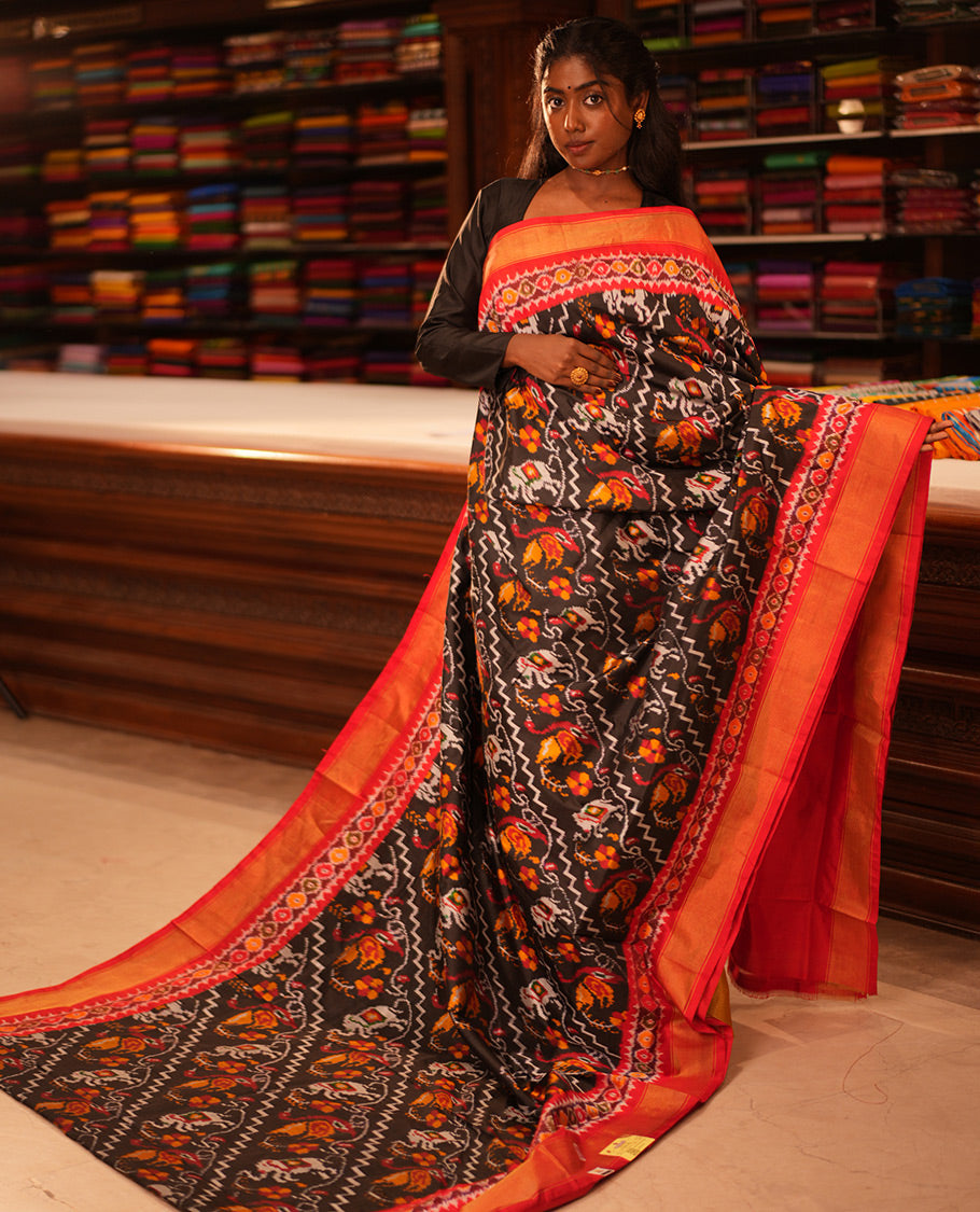 Black Floral-Animal Motif Pochampally Ikat Saree, Contrast Border