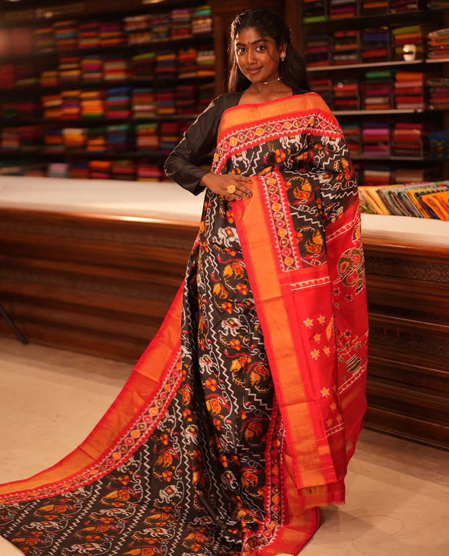 Black Floral-Animal Motif Pochampally Ikat Saree, Contrast Border