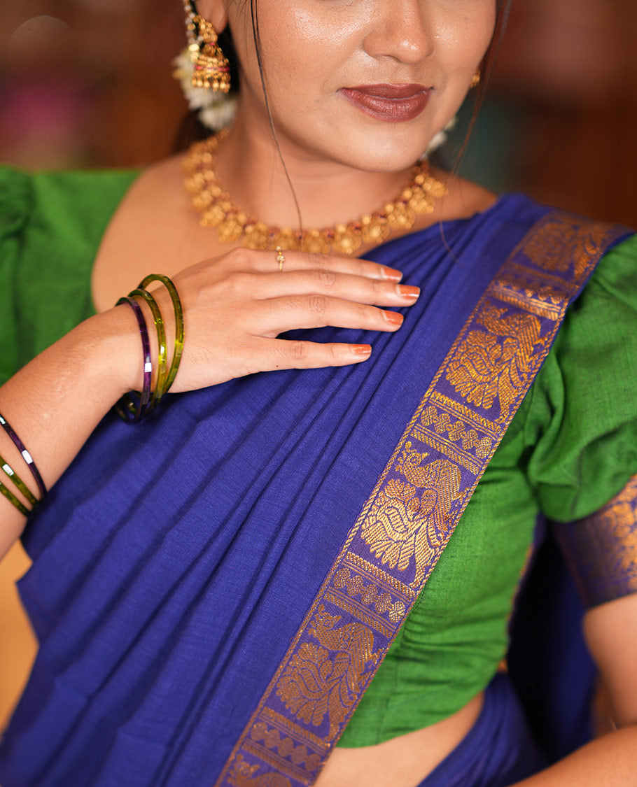 Green-Blue Mercerised Cotton Half Saree Features a Plain Skirt, a Contrast Traditional Zari Border, a Matching Blouse, and a Contrast Dhavani