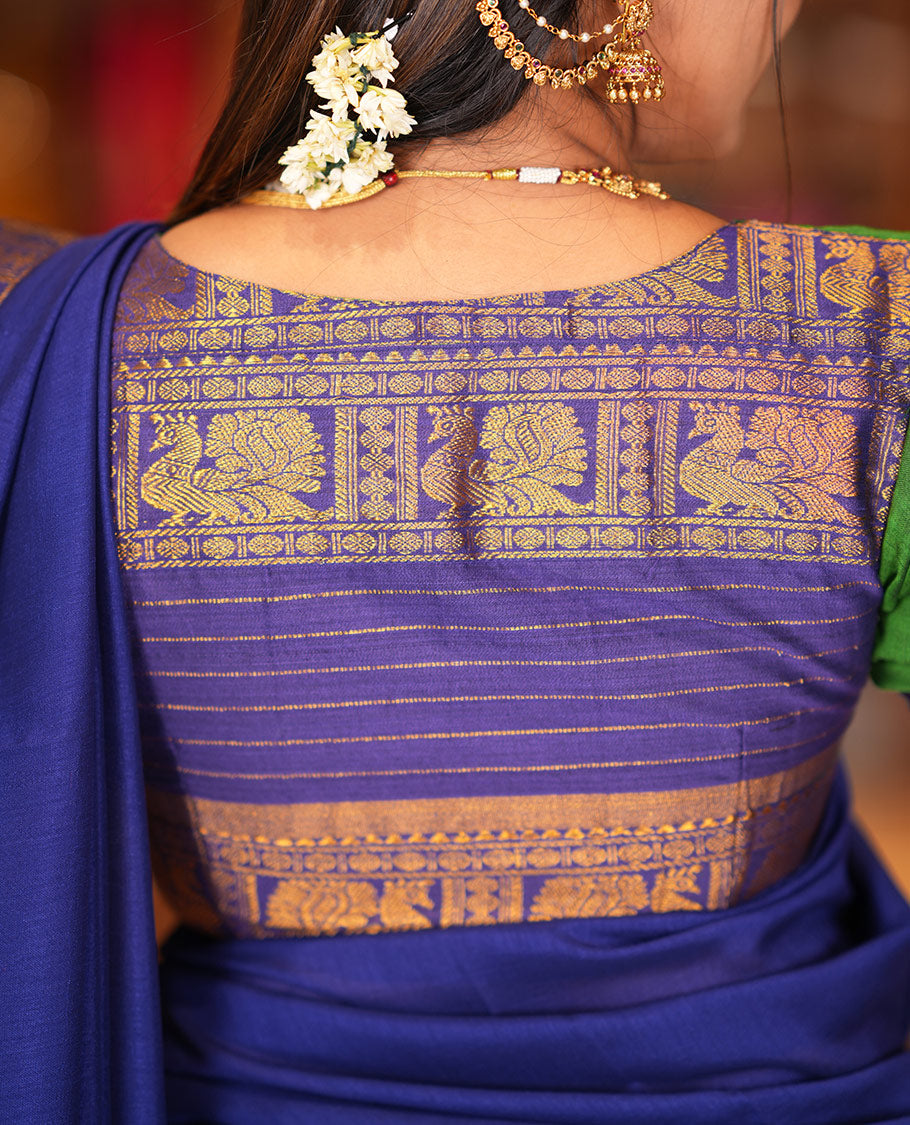 Green-Blue Mercerised Cotton Half Saree Features a Plain Skirt, a Contrast Traditional Zari Border, a Matching Blouse, and a Contrast Dhavani