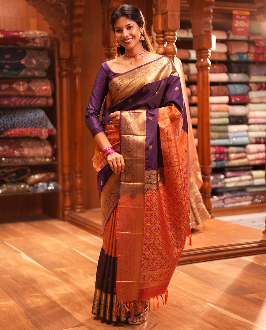 Rust Half-And-Half Budget Silk Saree Features Jacquard, Traditional Border, Grand Pallu, Contrast Blouse