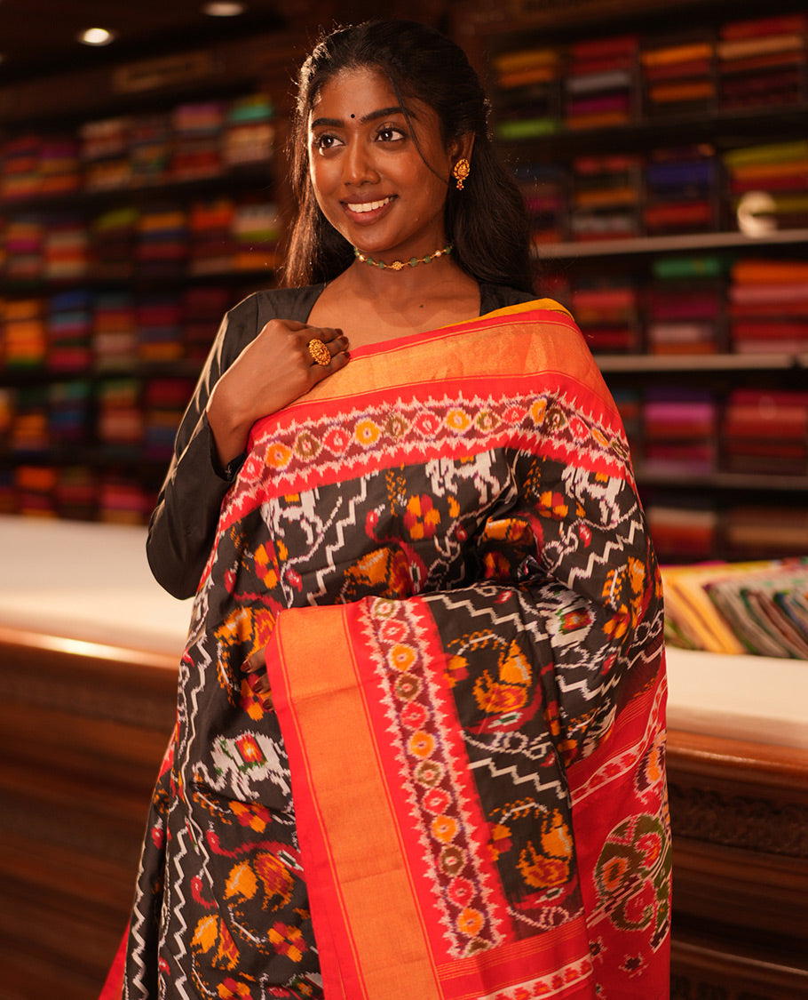 Black Floral-Animal Motif Pochampally Ikat Saree, Contrast Border