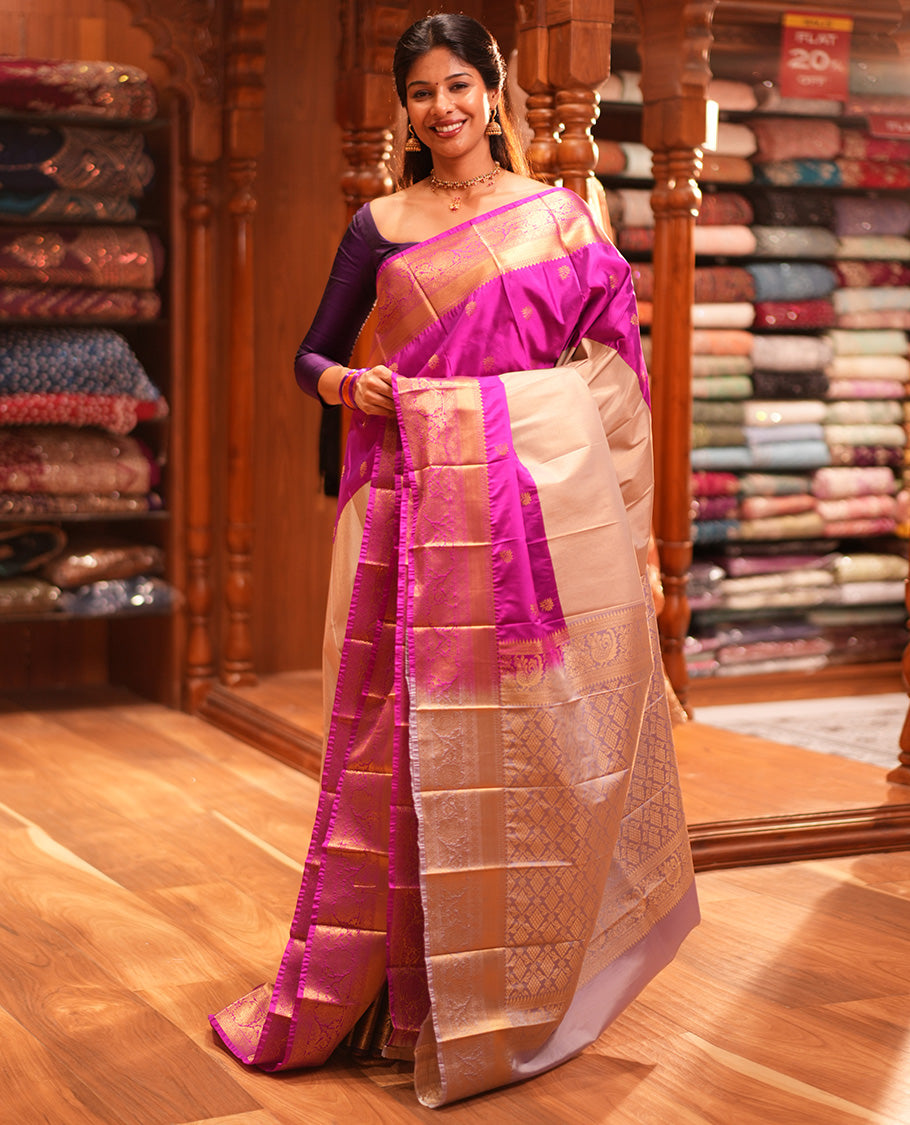 Pink Half-And-Half Budget Silk Saree Features Buttas, Traditional Border, Grand Pallu, Contrast Blouse