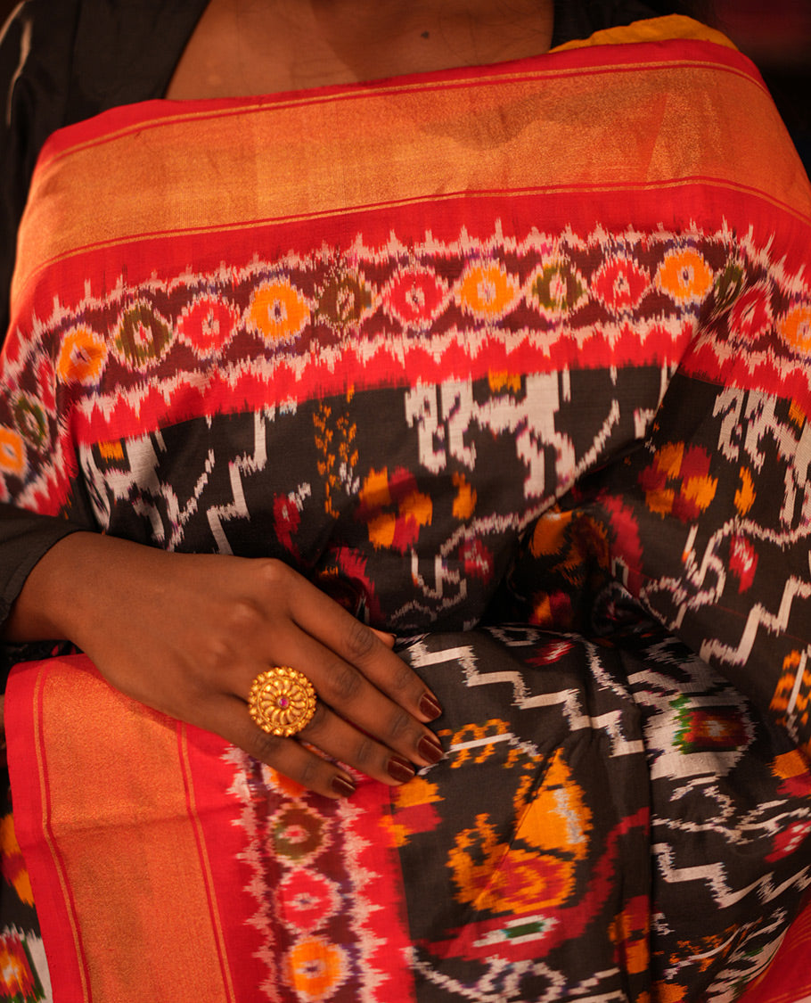 Black Floral-Animal Motif Pochampally Ikat Saree, Contrast Border