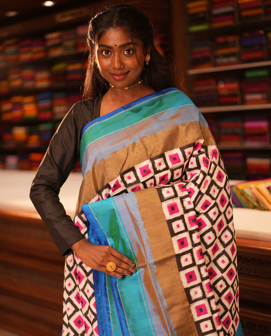 Multi-Color Geometric Pochampally Ikat Saree, Contrast Border