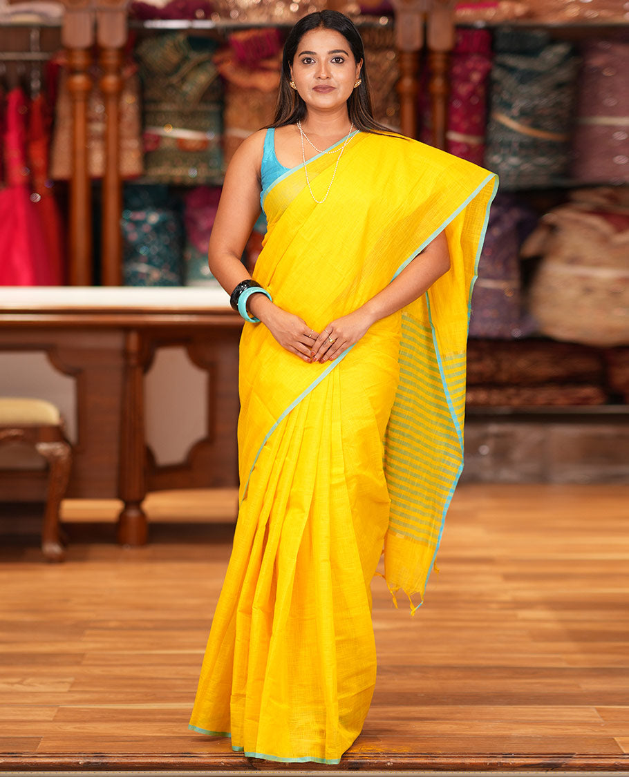 Yellow Geometric Textured Handloom Mercerized Cotton Saree, a Subtle Piping Border, Striped Pallu, and a Contrast Blouse