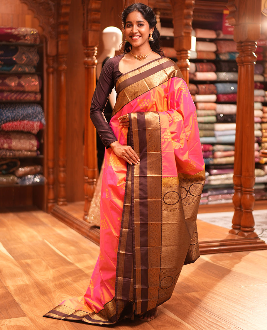 Peach Budget Silk Saree Features Buttas, Contrast Rettai Pettu Border, Grand Pallu, Contrast Blouse