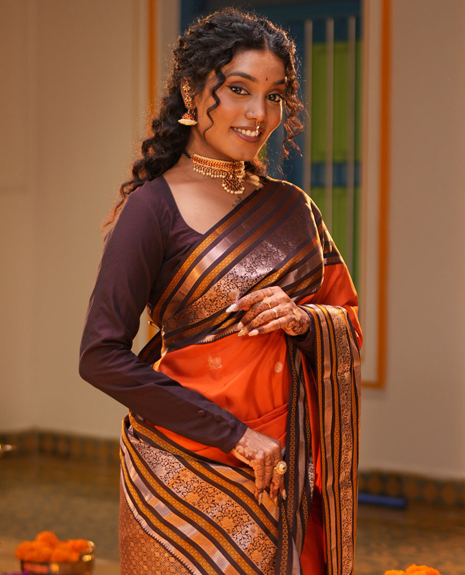 Orange Mayil-Chakram Buttas Vasundhara Lite Silk Mix Saree, Contrast Traditional Zari Border, and a Contrast Blouse