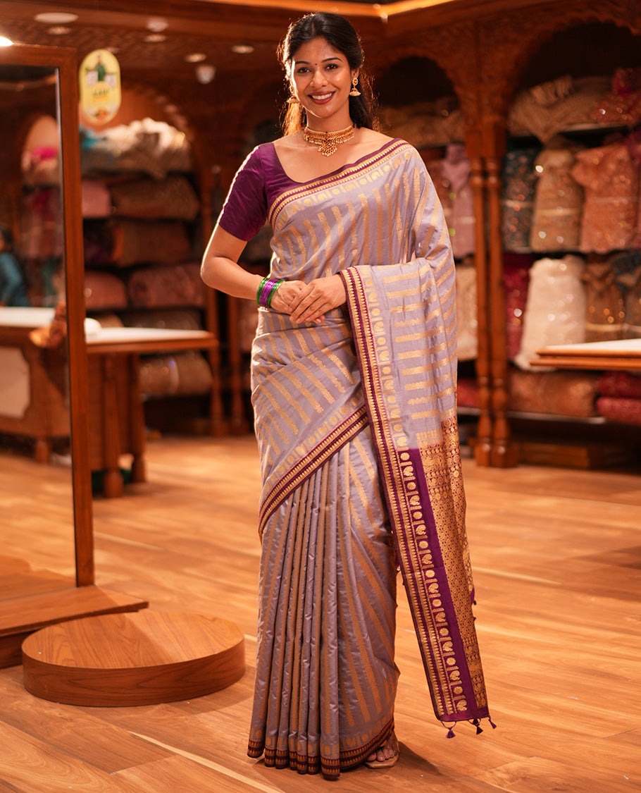 Grey Zari Stripes Fancy Raw Silk Saree, Contrast Traditional Border, Jaal Pallu, and Contrast Blouse