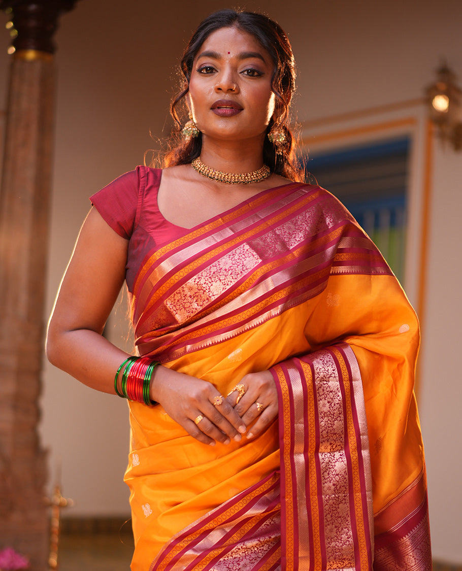 Mustard Mayil-Chakra Buttas Vasundhara Lite Silk Mix Saree, Contrast Traditional Zari Border, and a Contrast Blouse
