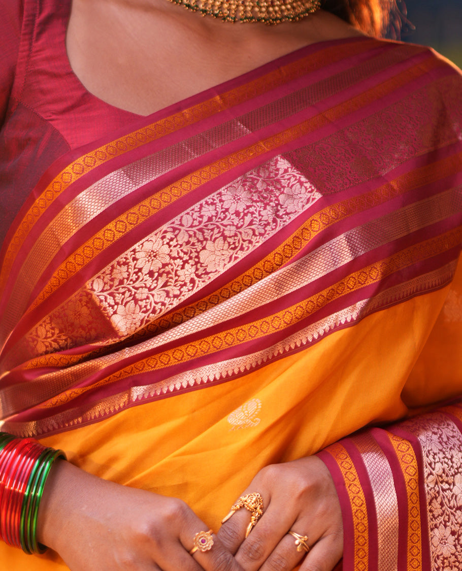 Mustard Mayil-Chakra Buttas Vasundhara Lite Silk Mix Saree, Contrast Traditional Zari Border, and a Contrast Blouse