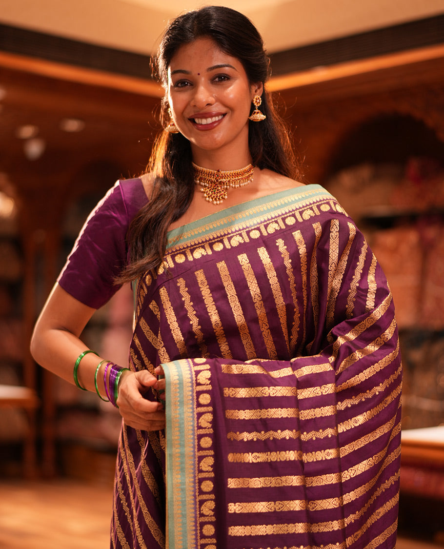 Wine Zari Stripes Fancy Raw Silk Saree, Contrast Traditional Border, Jaal Pallu, and Contrast Blouse