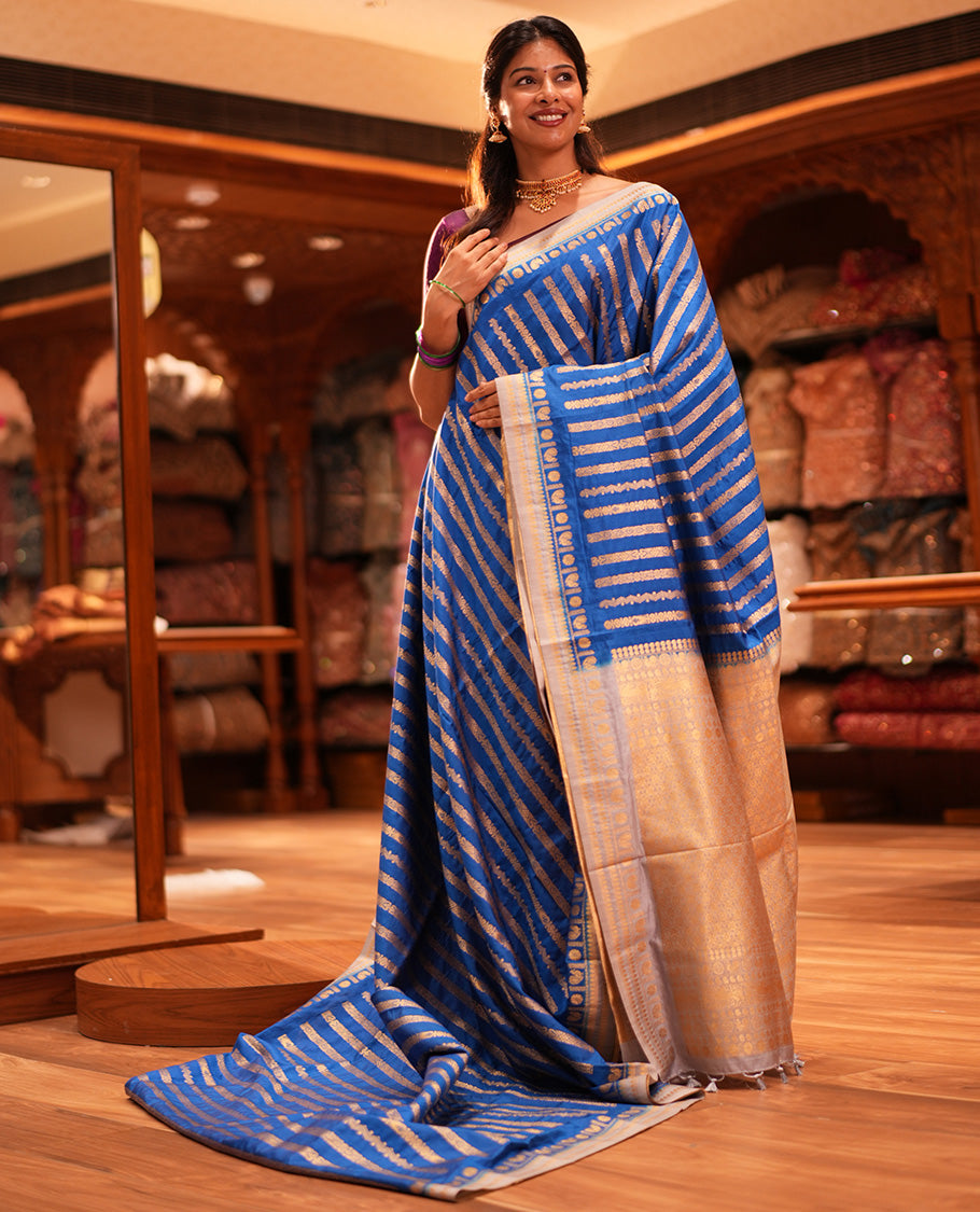 Blue Zari Stripes Fancy Raw Silk Saree, Contrast Traditional Border, Jaal Pallu, and Contrast Blouse