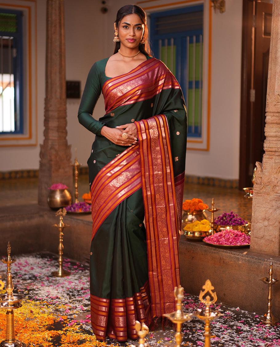 Green Mayil-Chakra Buttas Vasundhara Lite Silk Mix Saree, Contrast Traditional Zari Border, and a Contrast Blouse
