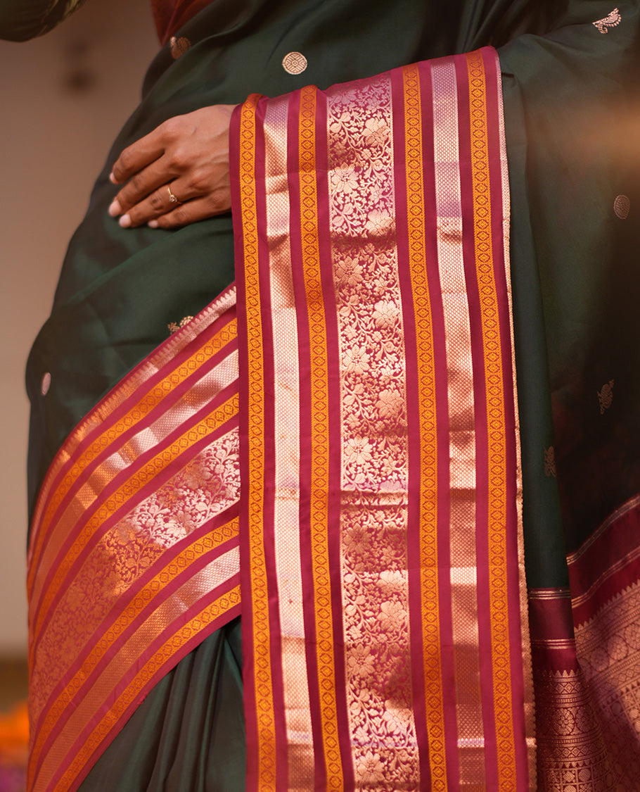 Green Mayil-Chakra Buttas Vasundhara Lite Silk Mix Saree, Contrast Traditional Zari Border, and a Contrast Blouse
