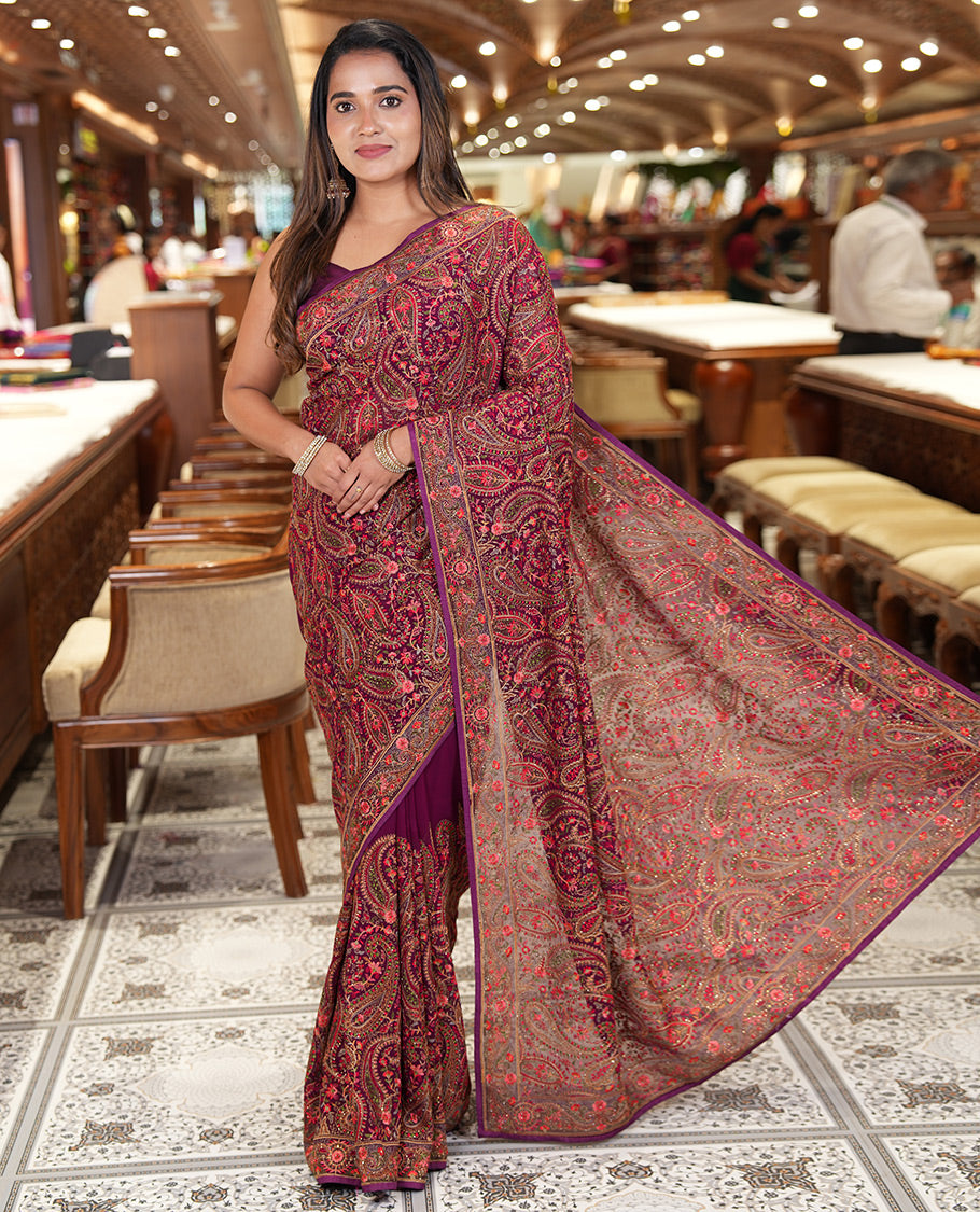 Wine Georgette Saree, Accentuated with Intricate Paisleys, Kashmir Embroidered and Stone Work on Its Body, a Self-Embroidered Border, and Paired with an Embroidered Blouse