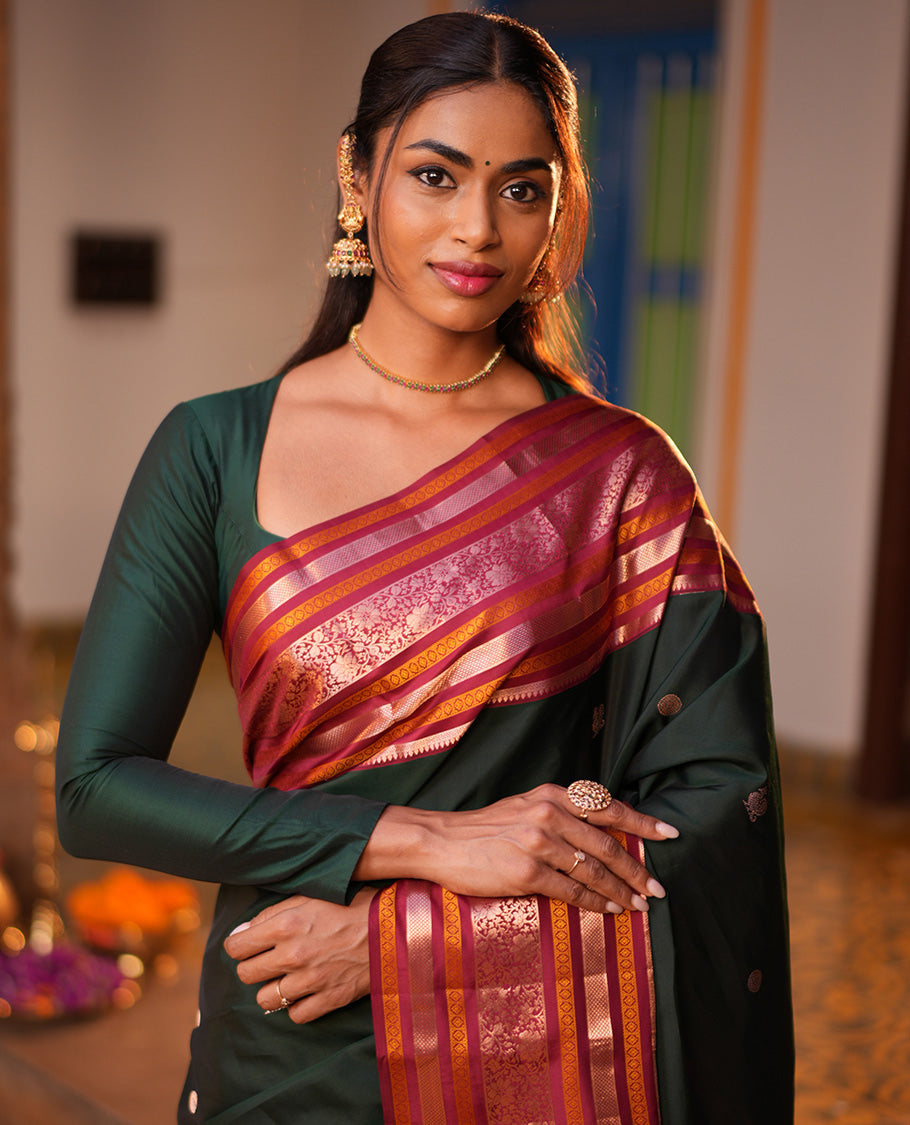 Green Mayil-Chakra Buttas Vasundhara Lite Silk Mix Saree, Contrast Traditional Zari Border, and a Contrast Blouse