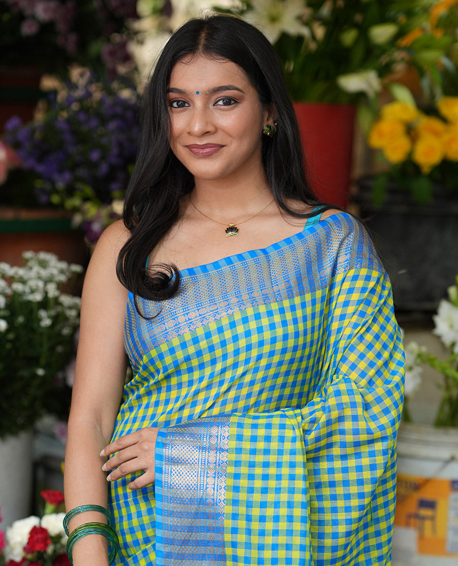 Lemon Yellow-Blue Chettinad Cotton Saree, Adorned with Vintage Checks, Contrast Traditional Border, Striped Pallu, and Matching Blouse