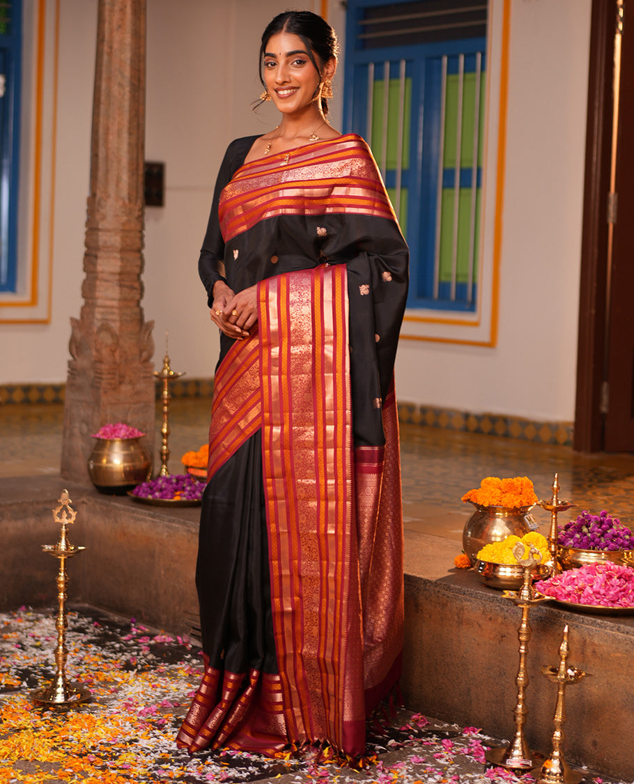 Black Mayil-Chakra Buttas Vasundhara Lite Silk Mix Saree, Contrast Traditional Zari Border, and a Contrast Blouse