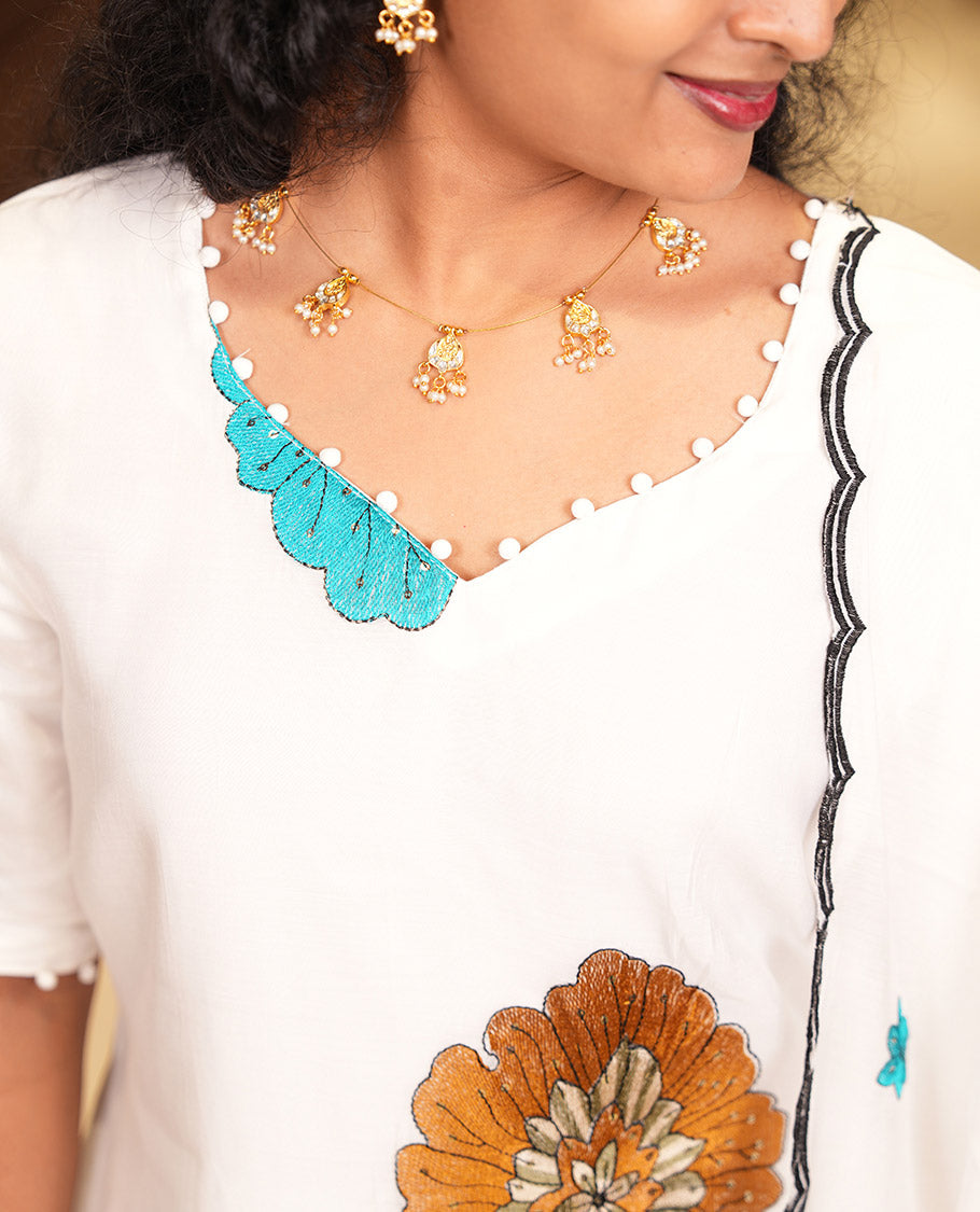 Cream-Brown Mul Chanderi Material Chudidar, Floral Embroidery Top, Matching Bottom, Floral Embroidery Dupatta