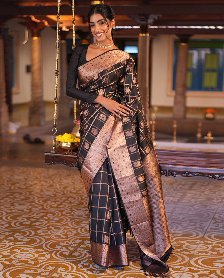 Black Butta Enclosed Checked Vasundhara Silk Saree, Zari Yaali-Iruthalai Pakshi-Yaanai Border, a Matching Blouse