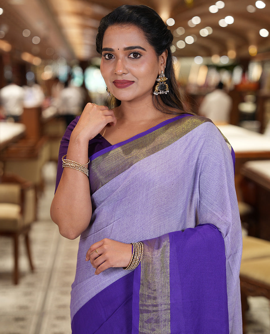 Violet Khadi Mul Cotton Saree, Adorned with Half-And-Half-Style Double-Colour Dyed on Its Body, a Subtle Zari Border, Striped Pallu, and Paired with a Matching Blouse