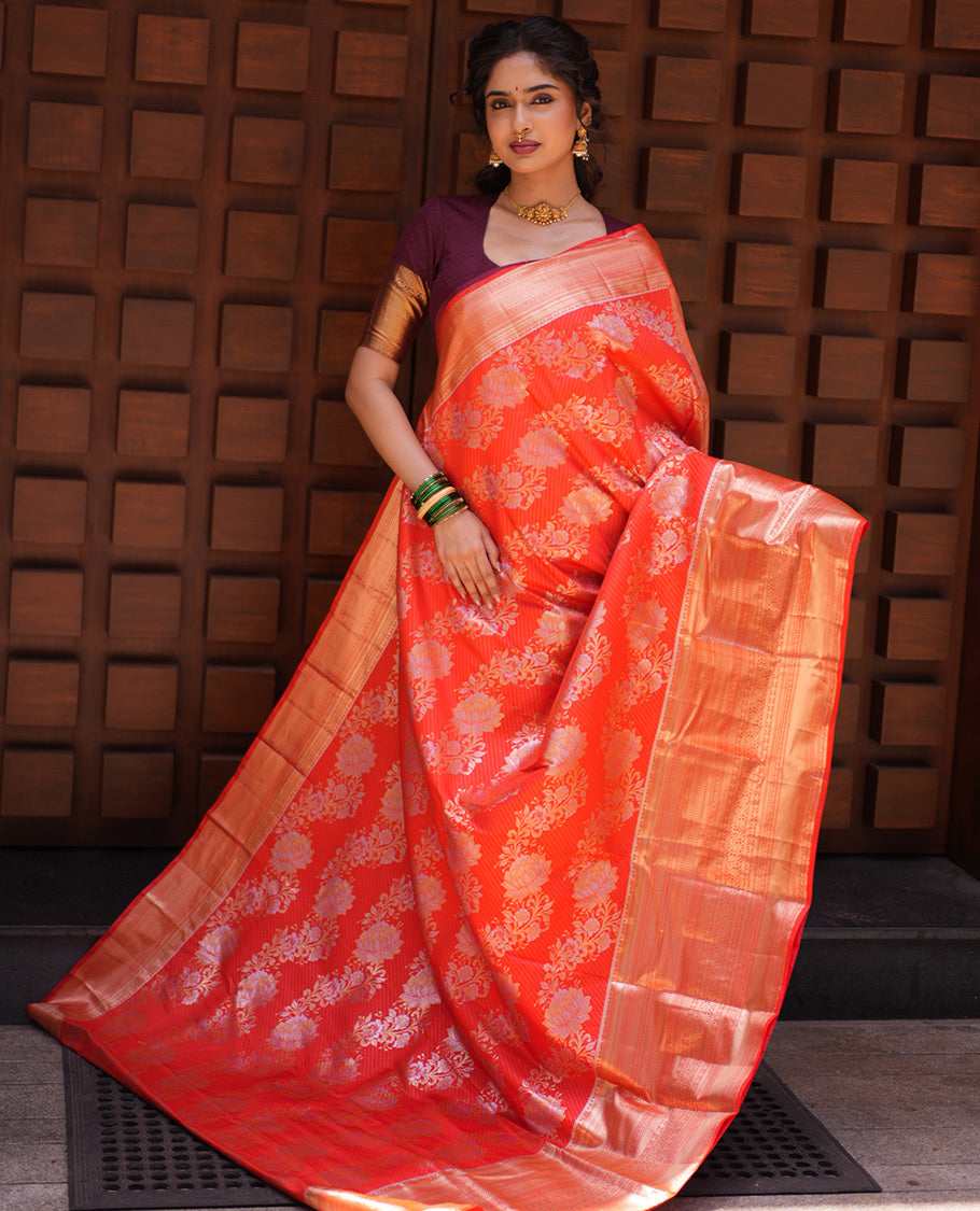 Orange Floral Jacquard Budget Silk Saree, a Traditional Zari Border, Jaal Pallu, and Matching Blouse