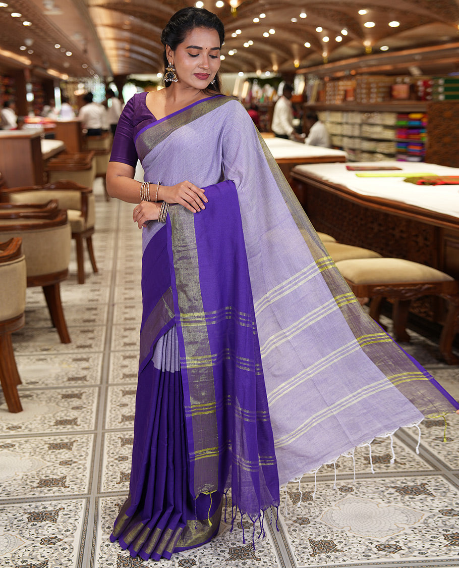 Violet Khadi Mul Cotton Saree, Adorned with Half-And-Half-Style Double-Colour Dyed on Its Body, a Subtle Zari Border, Striped Pallu, and Paired with a Matching Blouse