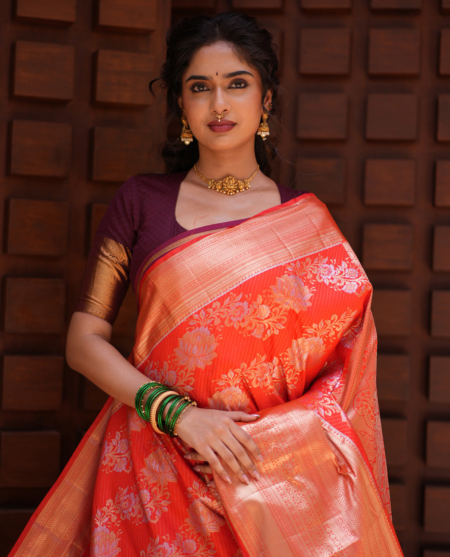 Orange Floral Jacquard Budget Silk Saree, a Traditional Zari Border, Jaal Pallu, and Matching Blouse